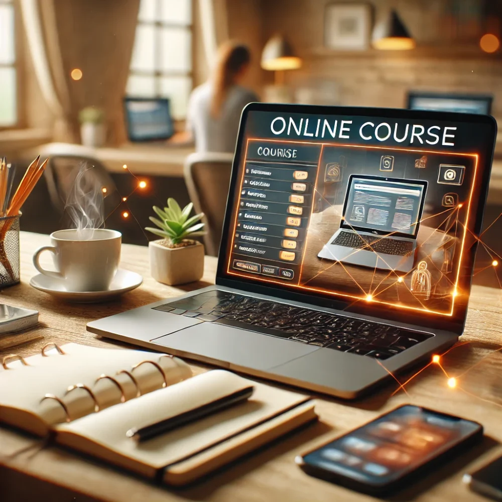 Laptop con plataforma de cursos online, cuaderno de notas y café en un escritorio moderno.